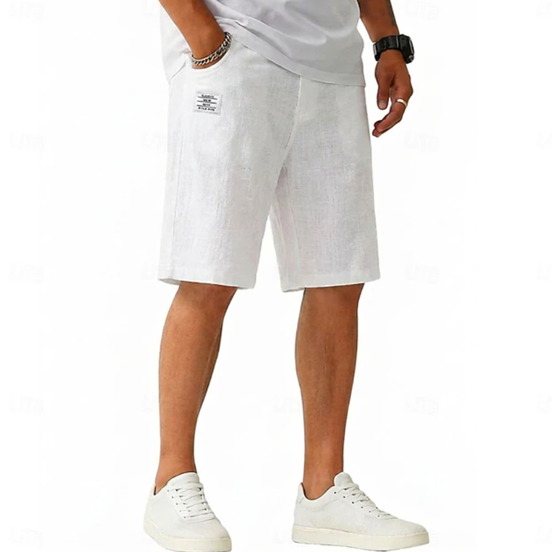 Men Linen Blend Textured Straight Leg Label Decor Casual Five Inch Shorts