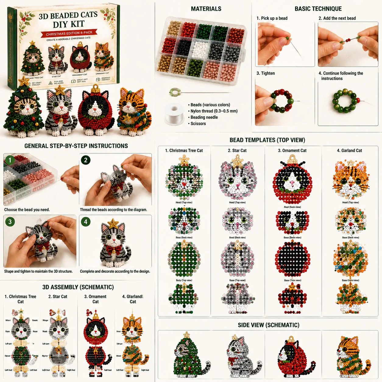 🐱✨ Create Your Own 3D Beaded Christmas Cats | Beginner-Friendly DIY Kit