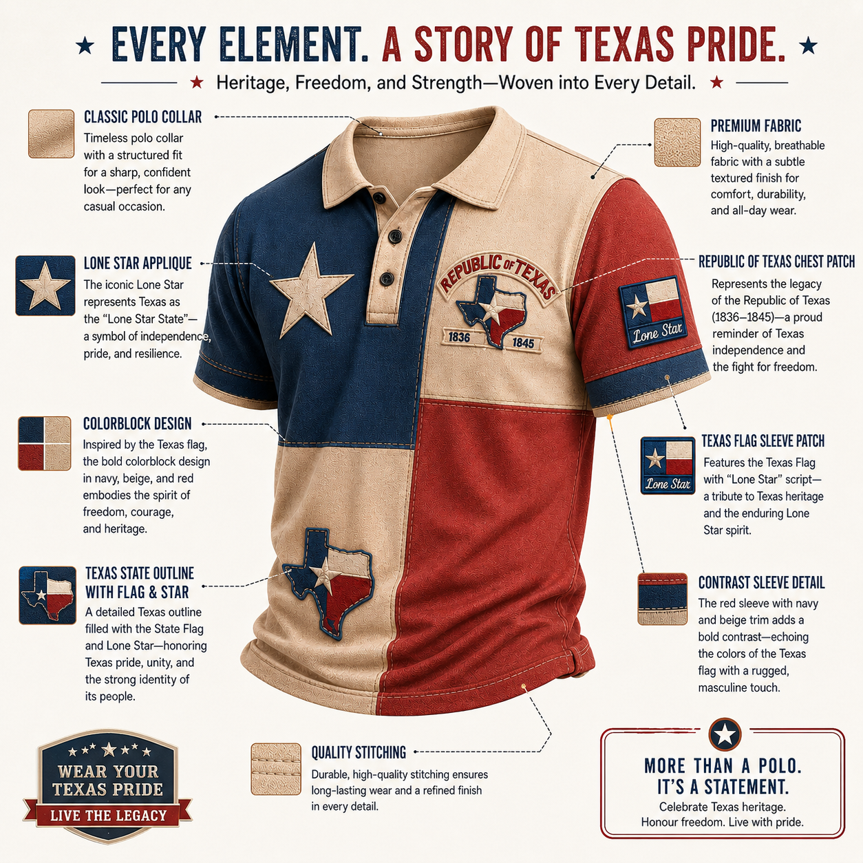 🔥LAST DAY 49% OFF -🤩Men's Vintage Print Casual Polo Shirt – Celebrate Texas Pride in Style
