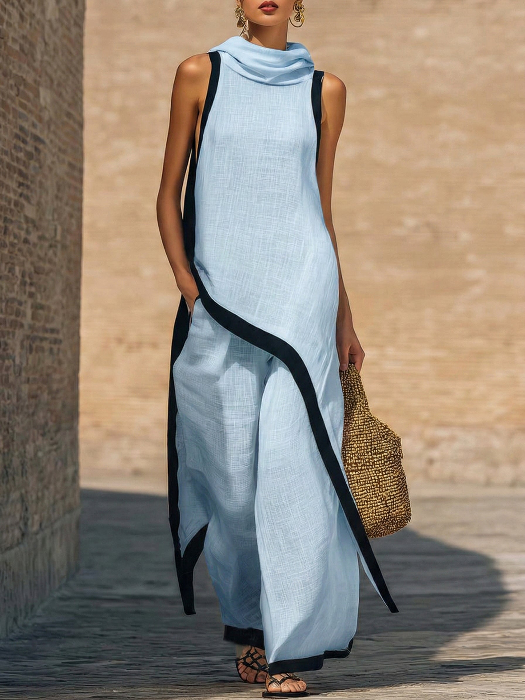 Artistic Cut Trim Elegant Linen Cotton Two-piece Set