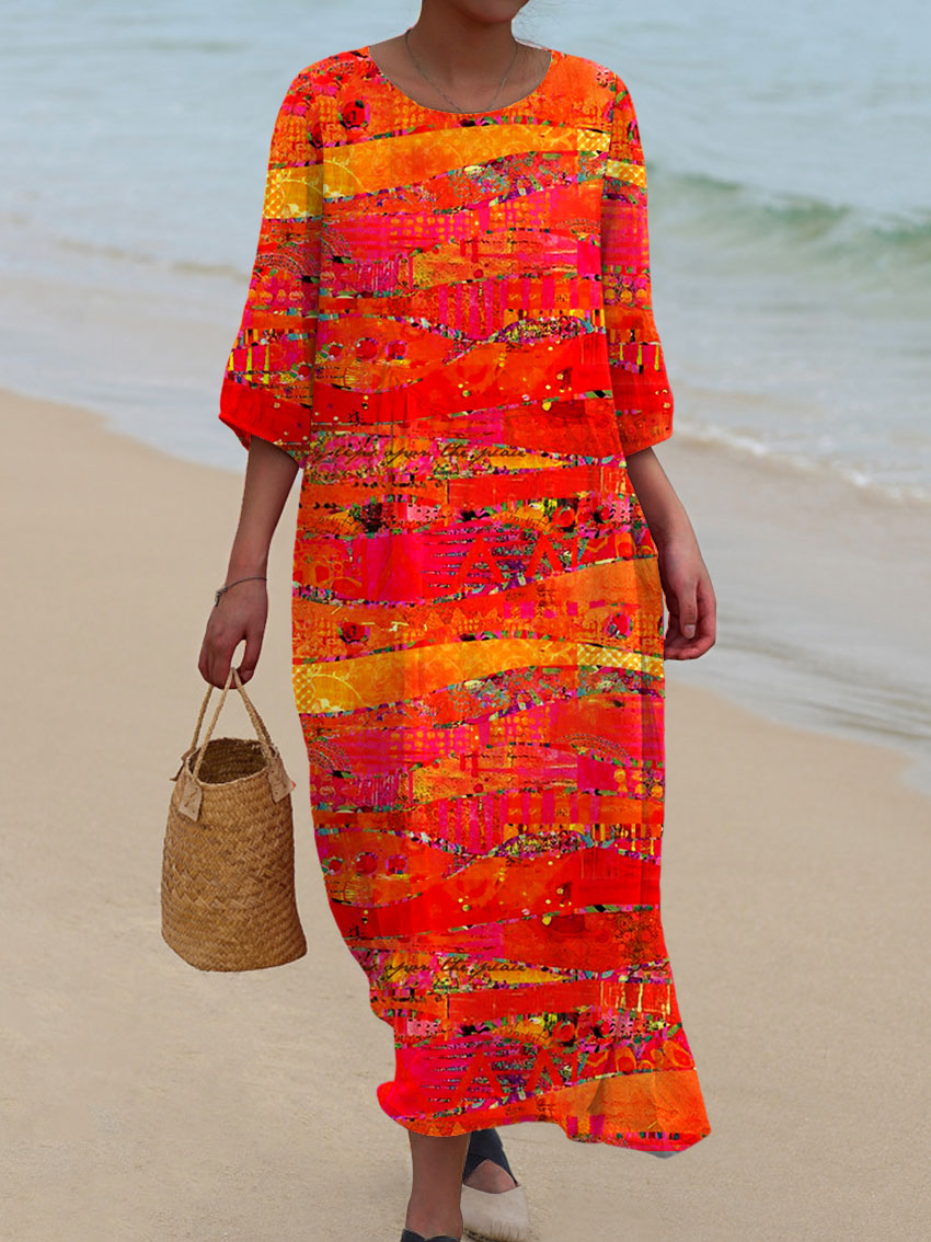 Women's Vintage Art Print Casual Cotton And Linen 3/4 Sleeve Shirt