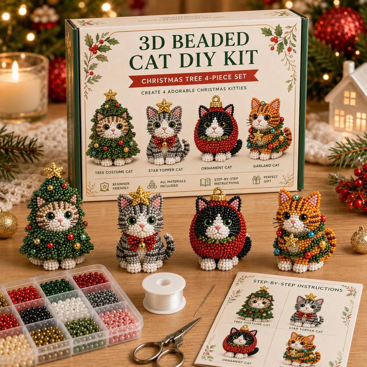 🐱✨ Create Your Own 3D Beaded Christmas Cats | Beginner-Friendly DIY Kit