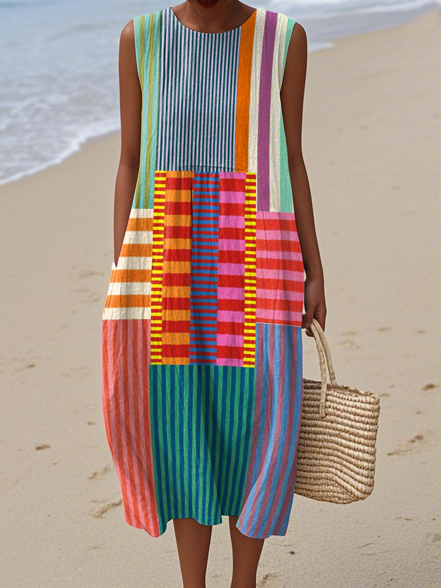 Women's Vintage Abstract Geometry Art Print Sleeveless Cotton Pocket Wrap Dress