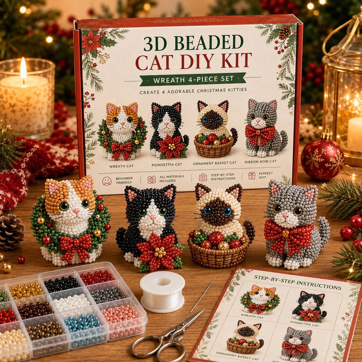 🐱✨ Create Your Own 3D Beaded Christmas Cats | Beginner-Friendly DIY Kit