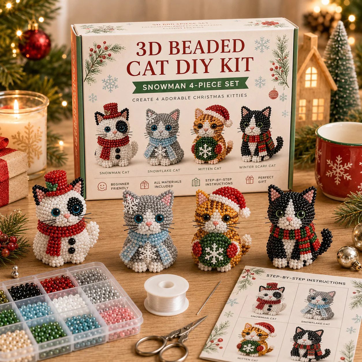 🐱✨ Create Your Own 3D Beaded Christmas Cats | Beginner-Friendly DIY Kit