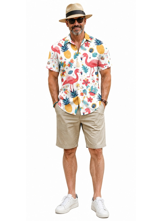 Men Tropical Plant Print Camp Collar Short Sleeve Hawaiian Shirt