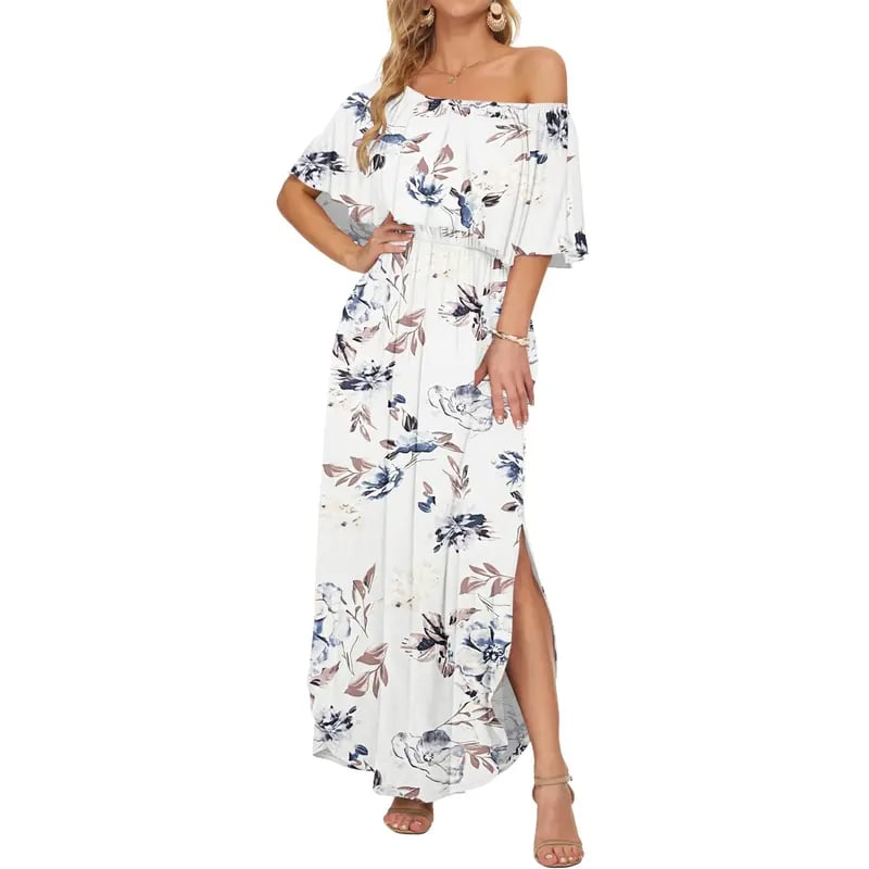 🔥LAST DAY 49% OFF - 🔥Women's Off The Shoulder Dress Wedding Guest Dress Summer Casual Long Ruffle Party Side Split Beach Maxi Dresses