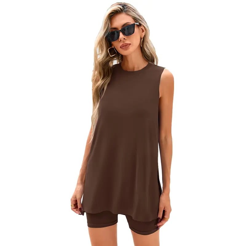 Sleeveless Crewneck Women's 2 Piece Sets Summer Matching Lounge Shorts Set Resort Airport Travel Outfit Split Hem Casual Clothes Basic Fitted Homewear