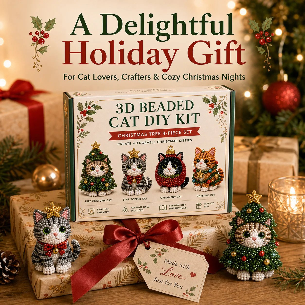 🐱✨ Create Your Own 3D Beaded Christmas Cats | Beginner-Friendly DIY Kit