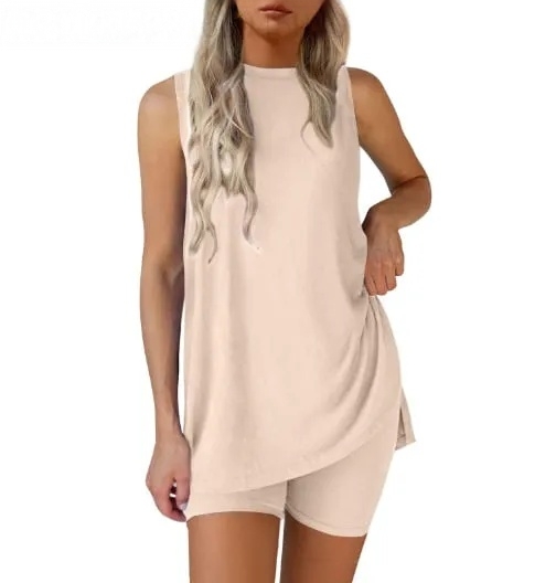 Sleeveless Crewneck Women's 2 Piece Sets Summer Matching Lounge Shorts Set Resort Airport Travel Outfit Split Hem Casual Clothes Basic Fitted Homewear