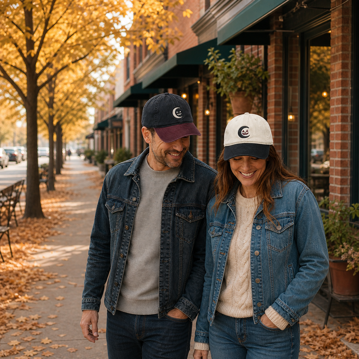 Man and woman wearing Eclipse 10/31 caps on an autumn main street square lifestyle image