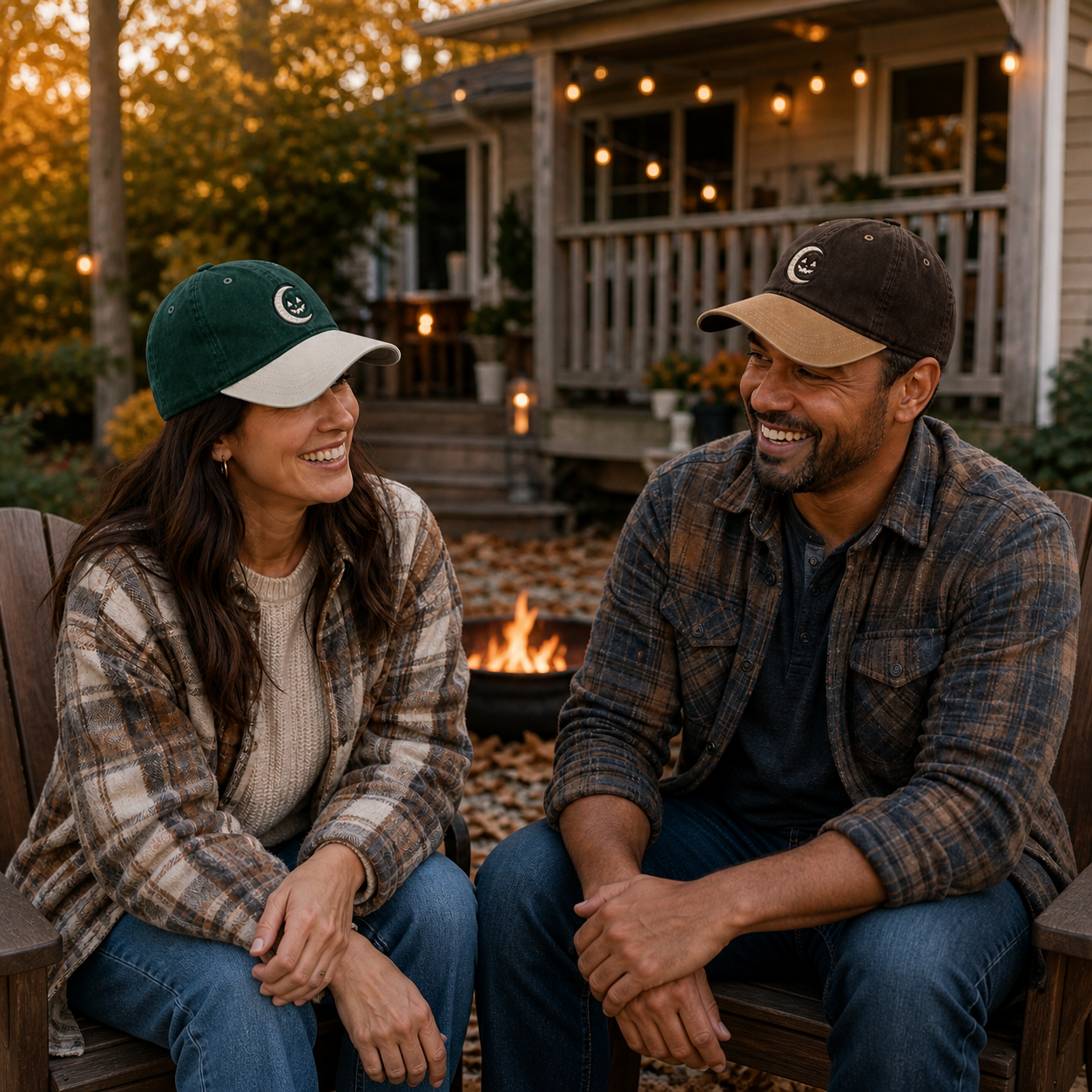 Man and woman styling Eclipse 10/31 caps at a fall gathering square lifestyle image
