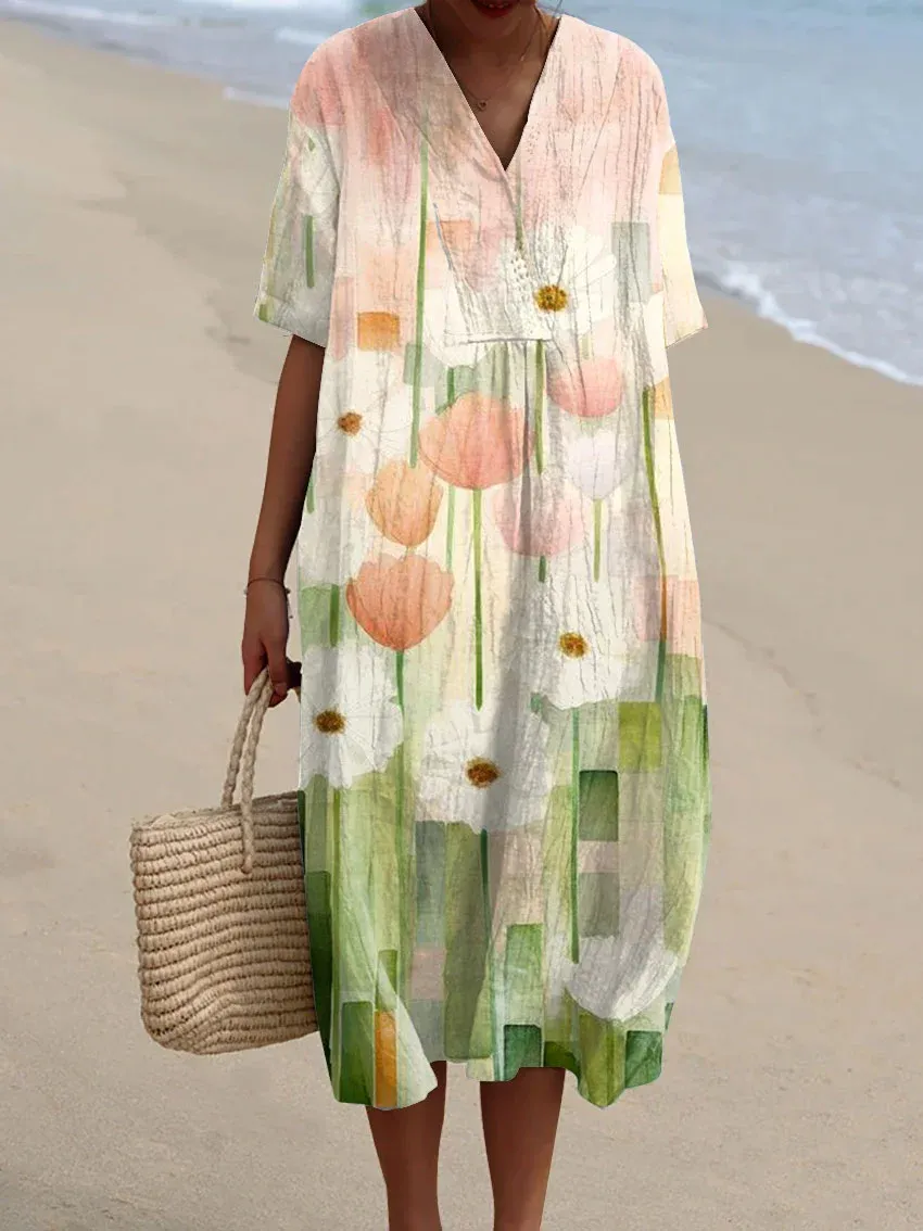 Women's Maxi Dress Casual Dress Floral Dress Elegant Beach Loose Fit Floral Half Sleeve Crew Neck