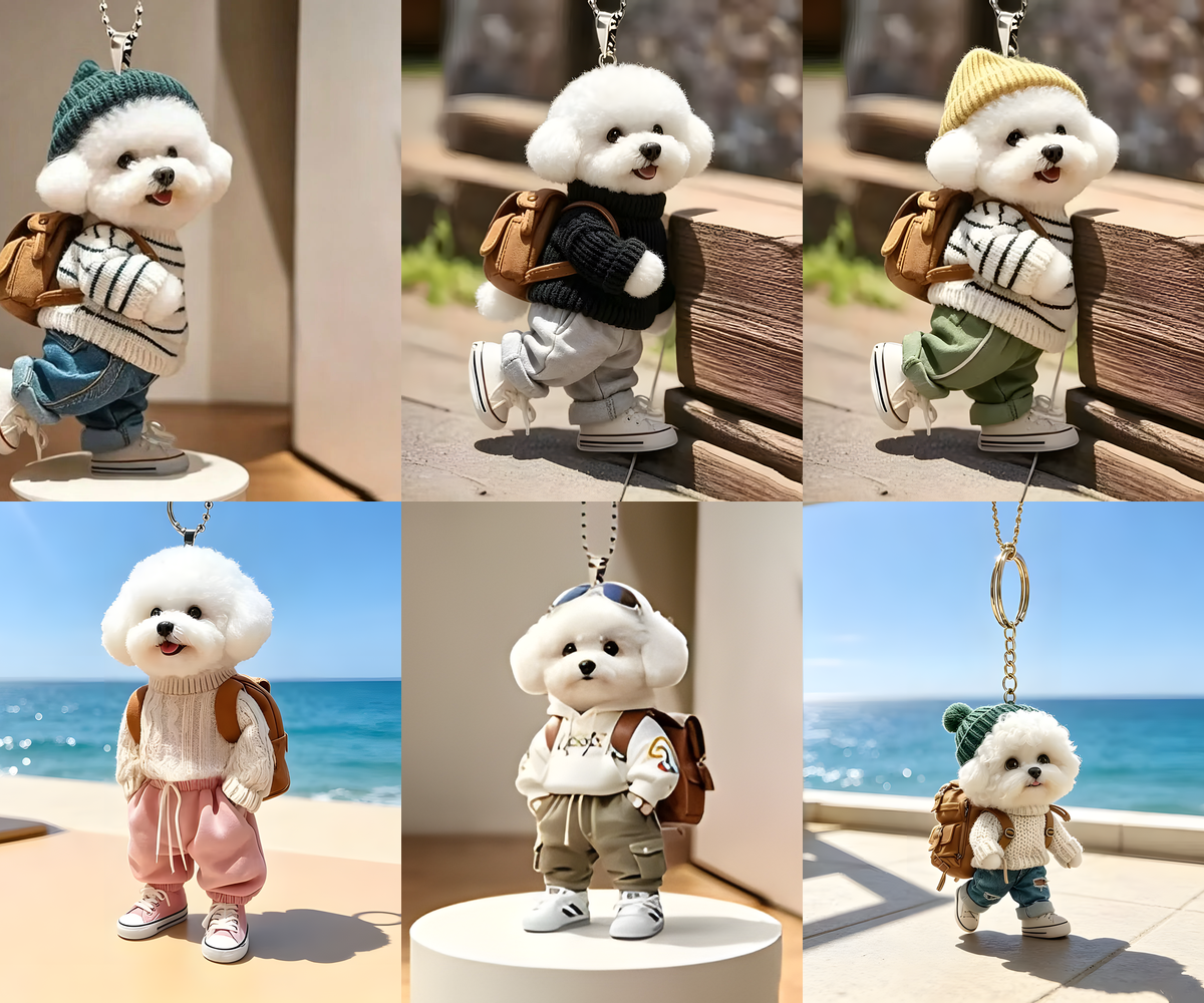 Six puppy outfit 3D keychain styles in a complete set