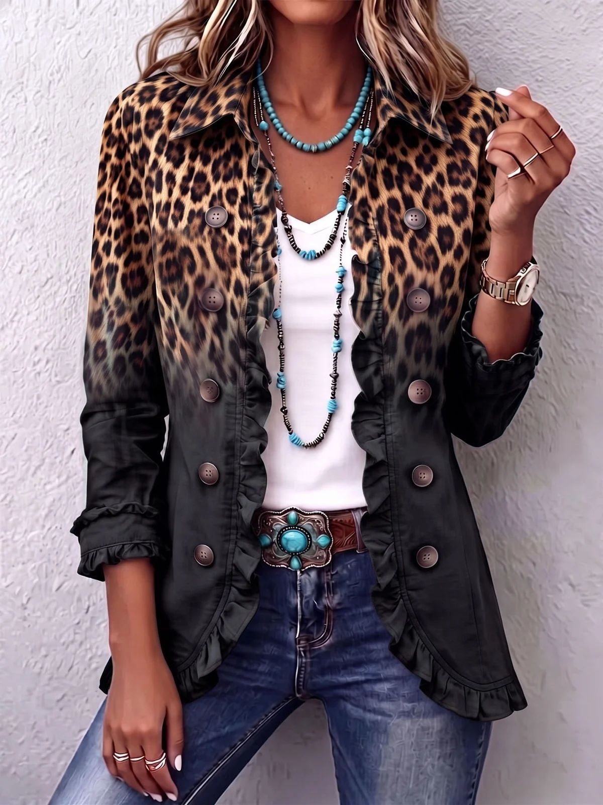 Women's ruffled jacket - Black Leopard