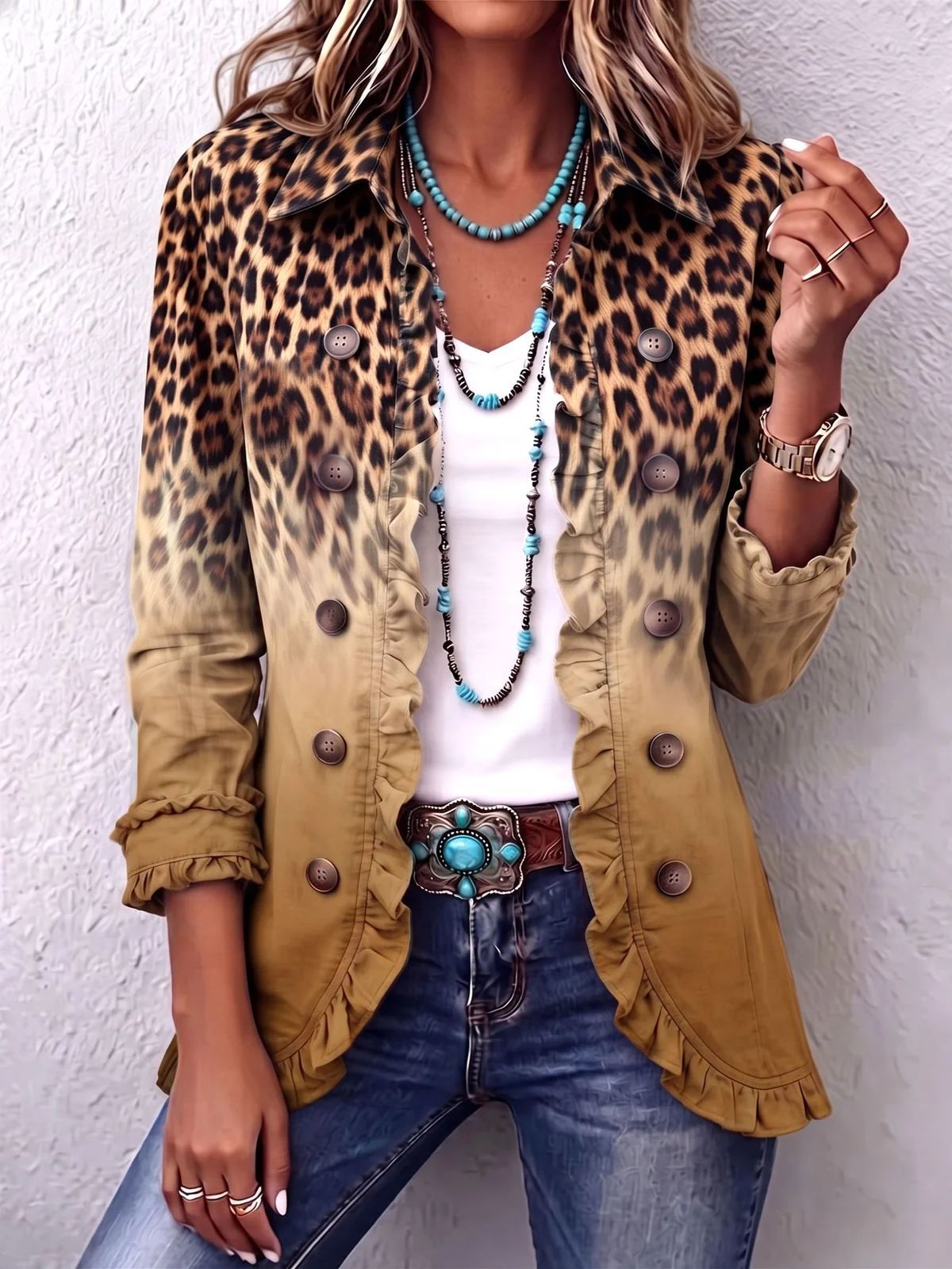 Women's ruffled jacket - Khaki Leopard