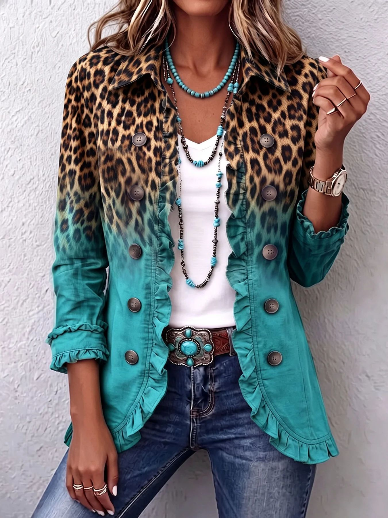 Women's ruffled jacket - Teal Leopard