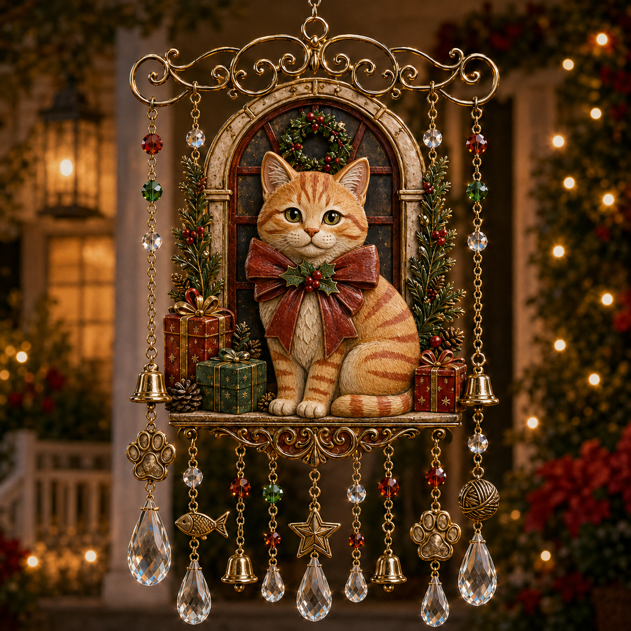 Weihnachtliches Kristall-Windspiel mit Weihnachtskatze