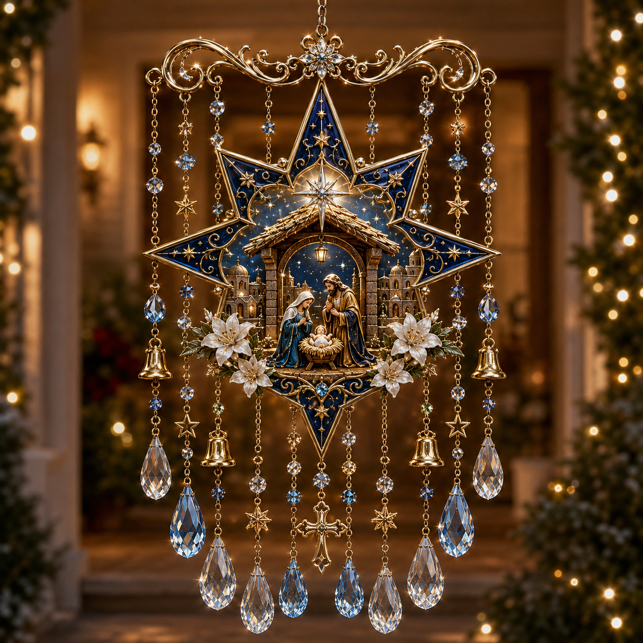 Weihnachtliches Kristall-Windspiel mit Krippe von Bethlehem
