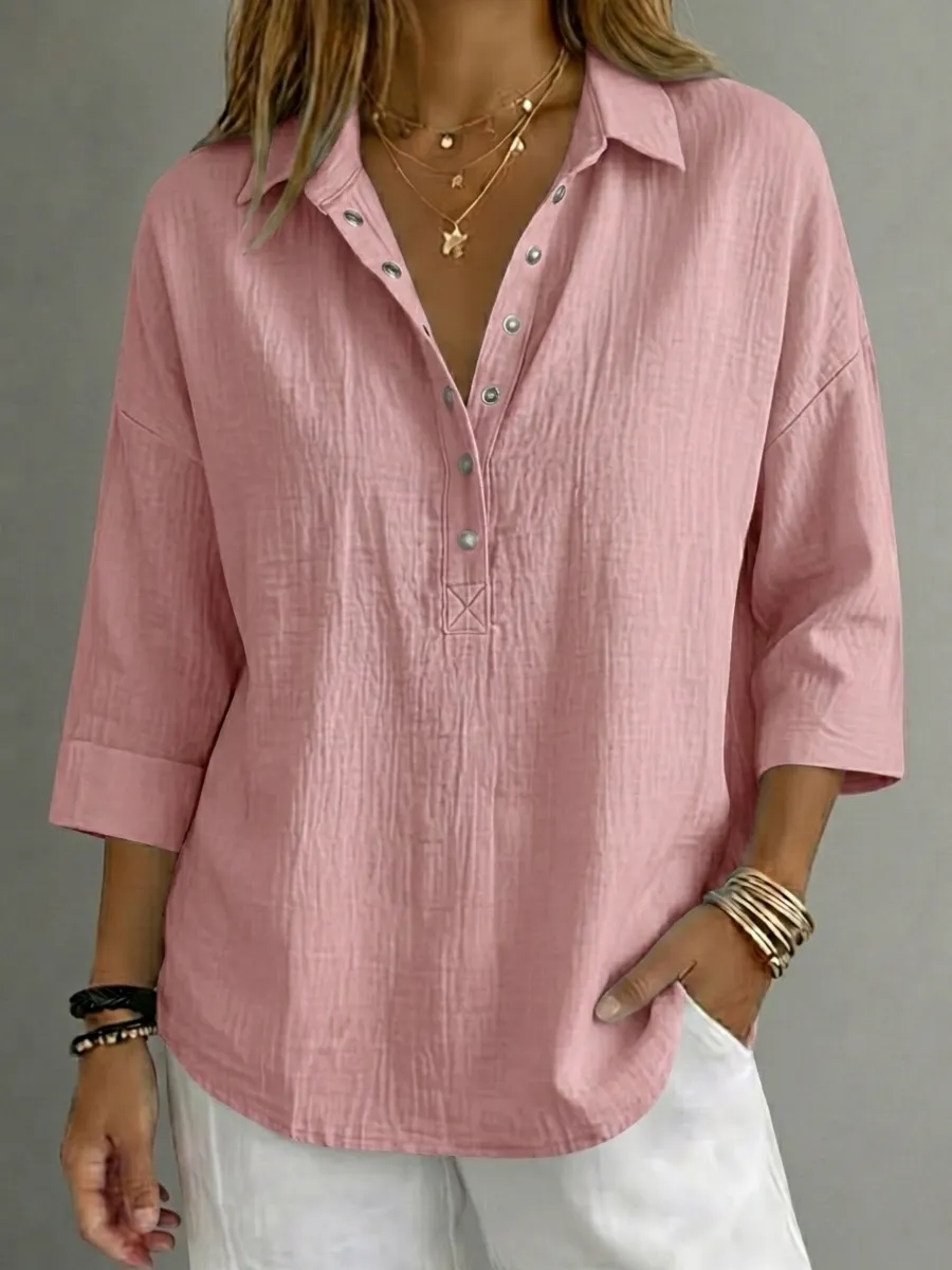 Damen-Henleyshirt aus Leinenmix mit 3/4-Ärmeln