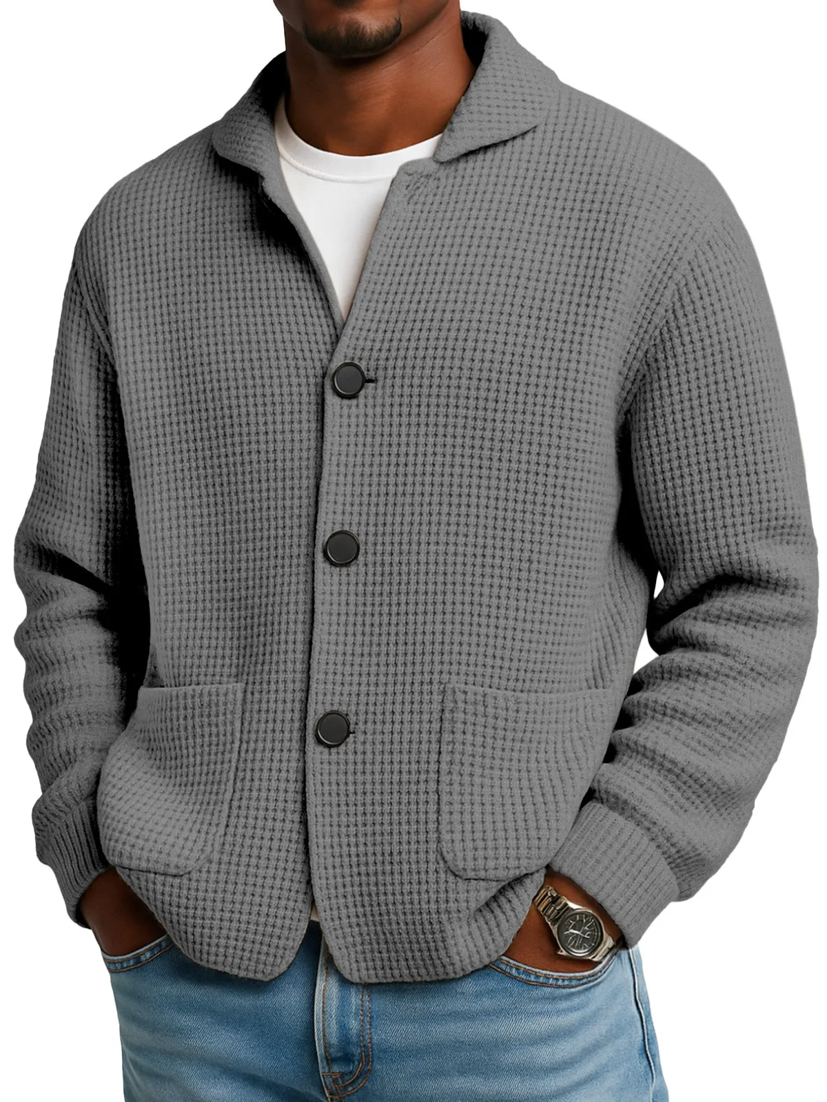 Herren-Cardigan aus Waffelstrick in Grau