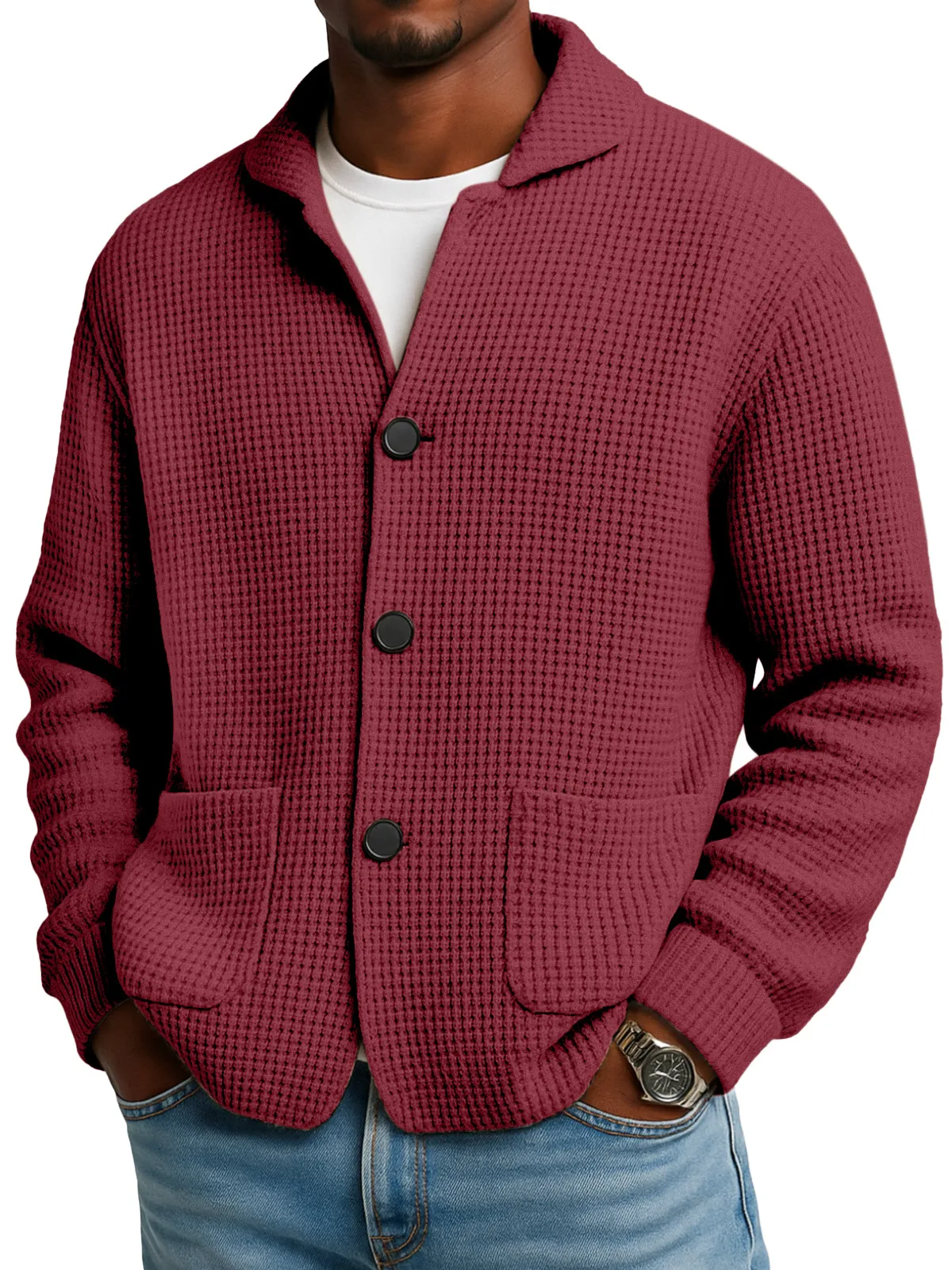 Herren-Cardigan aus Waffelstrick in Rot