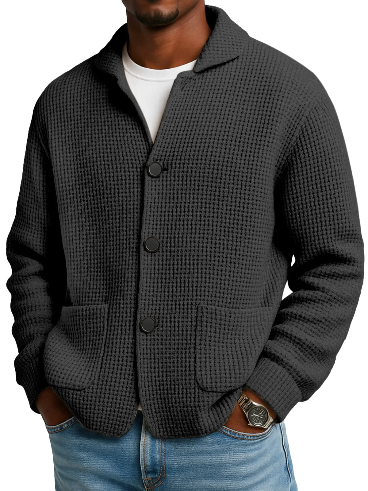 Herren-Cardigan aus Waffelstrick in Schwarz