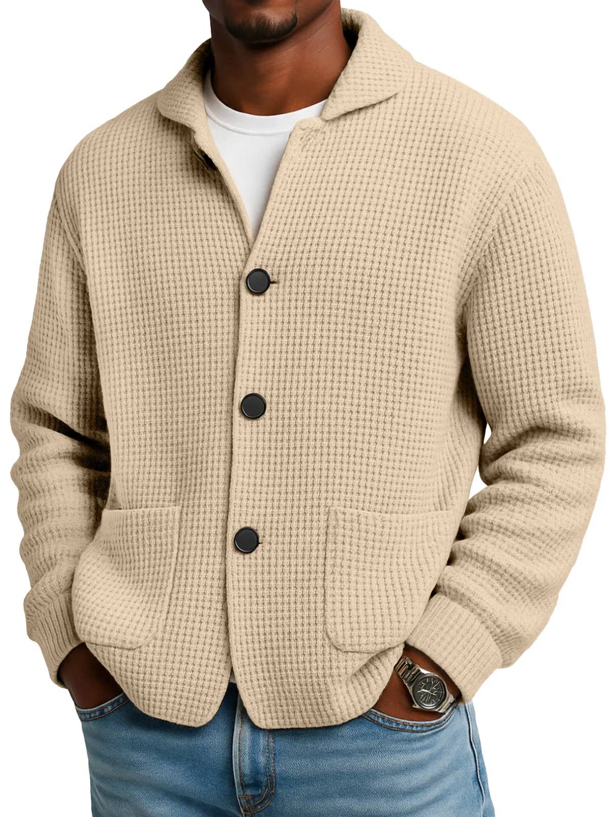 Herren-Cardigan aus Waffelstrick in Khaki