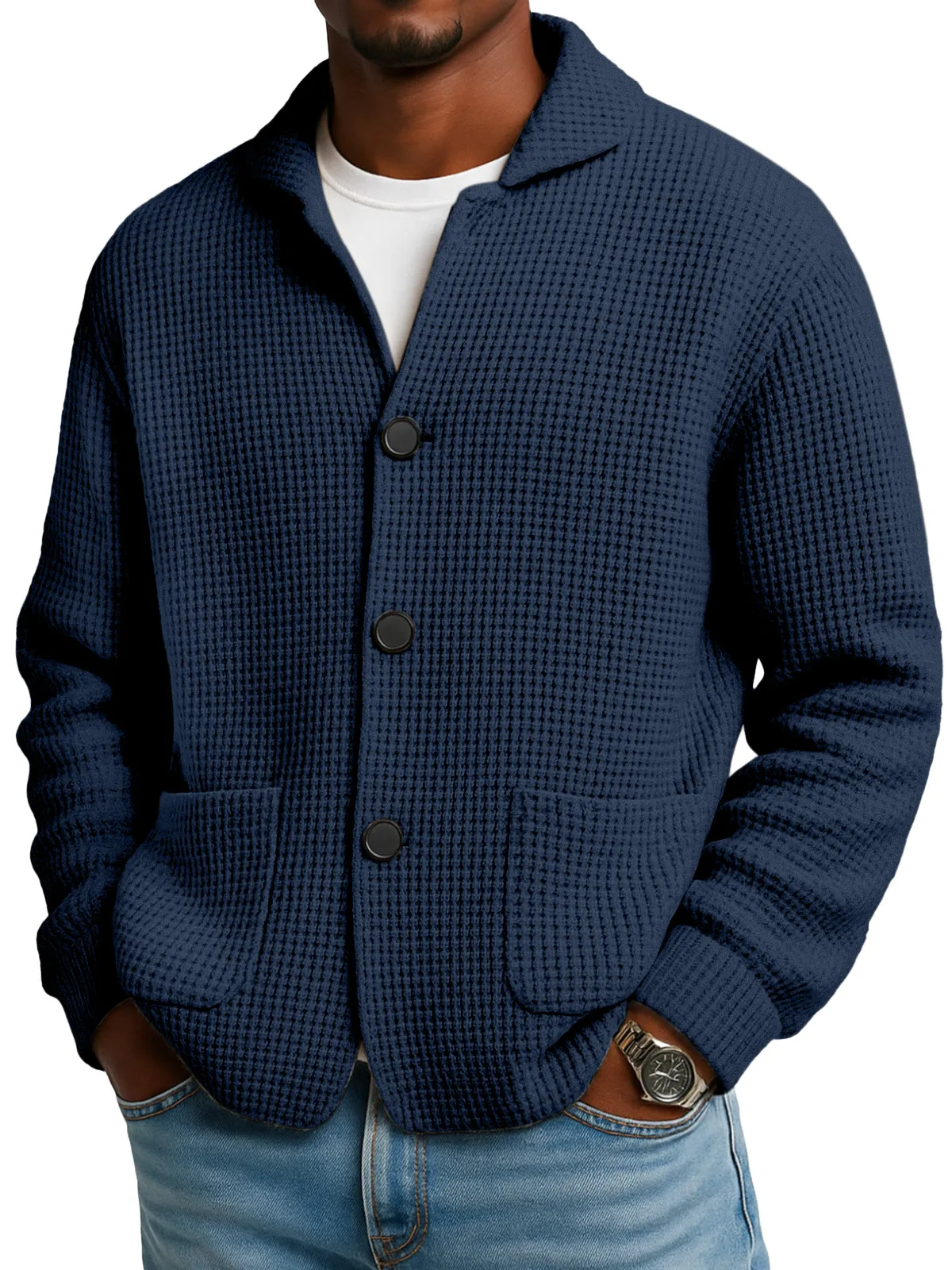 Herren-Cardigan aus Waffelstrick in Marineblau