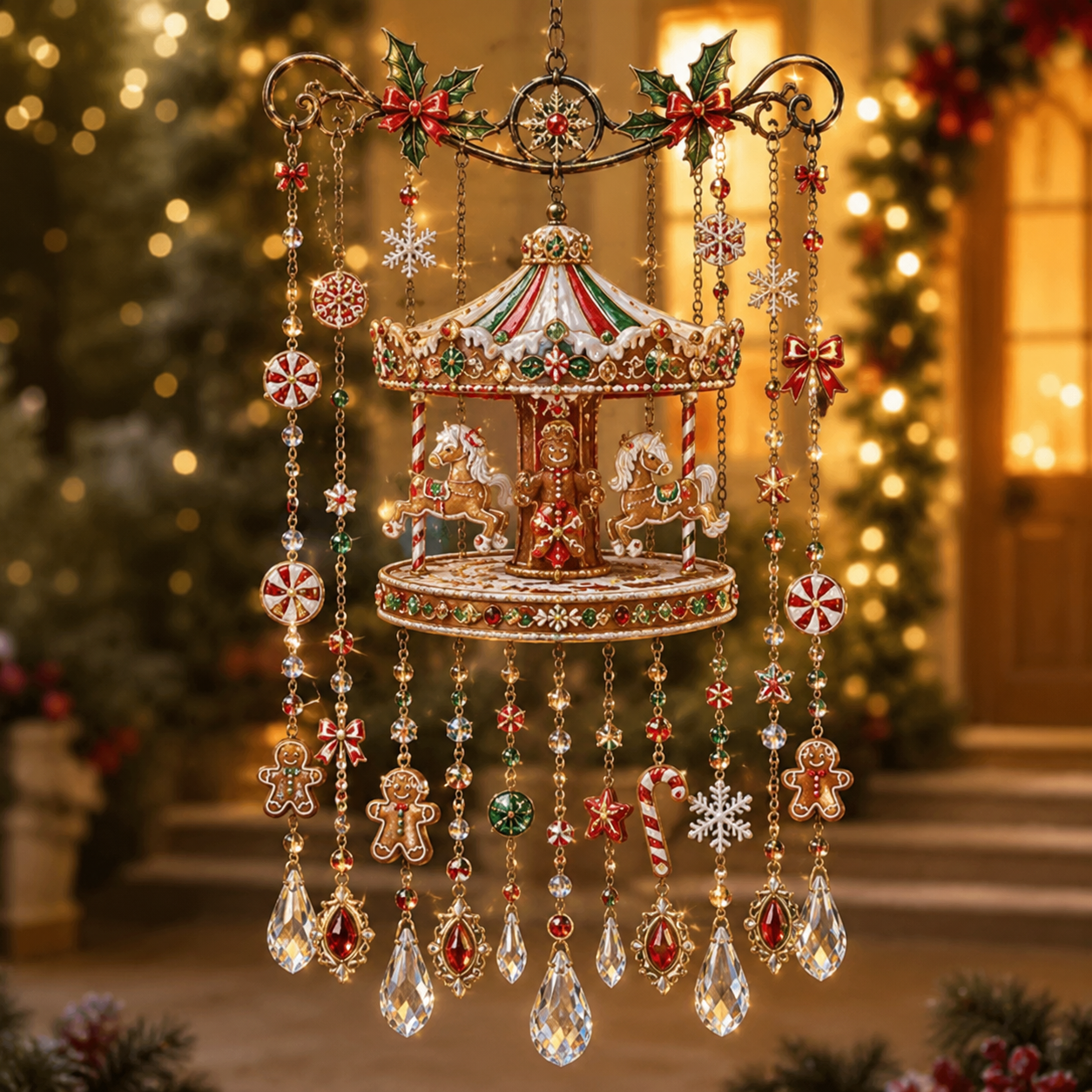 Weihnachtliches Kristall-Windspiel mit Lebkuchenkarussell