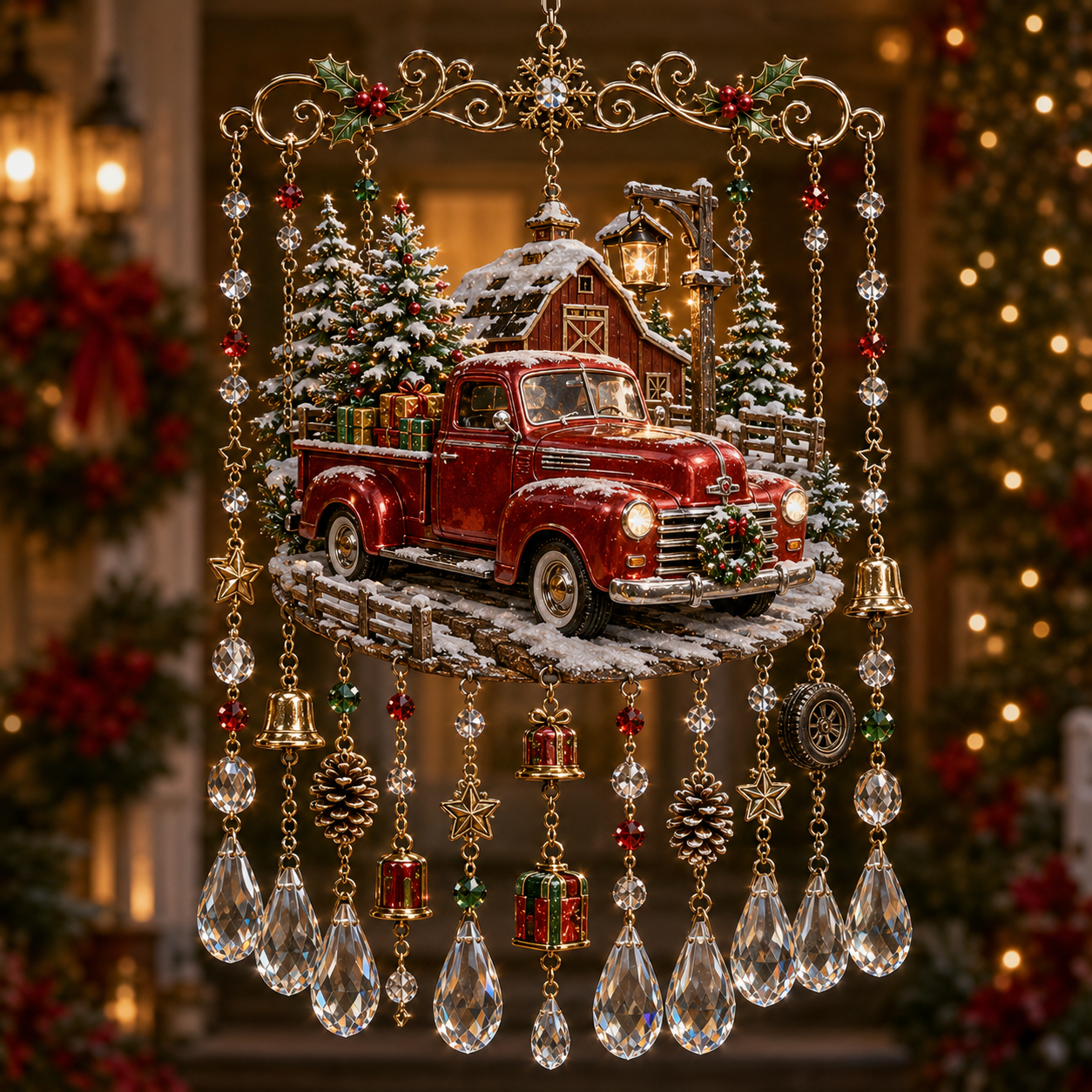 Weihnachtliches Kristall-Windspiel mit rotem Weihnachtstruck