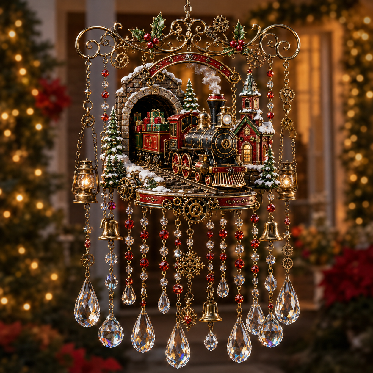 Weihnachtliches Kristall-Windspiel mit Weihnachtszug