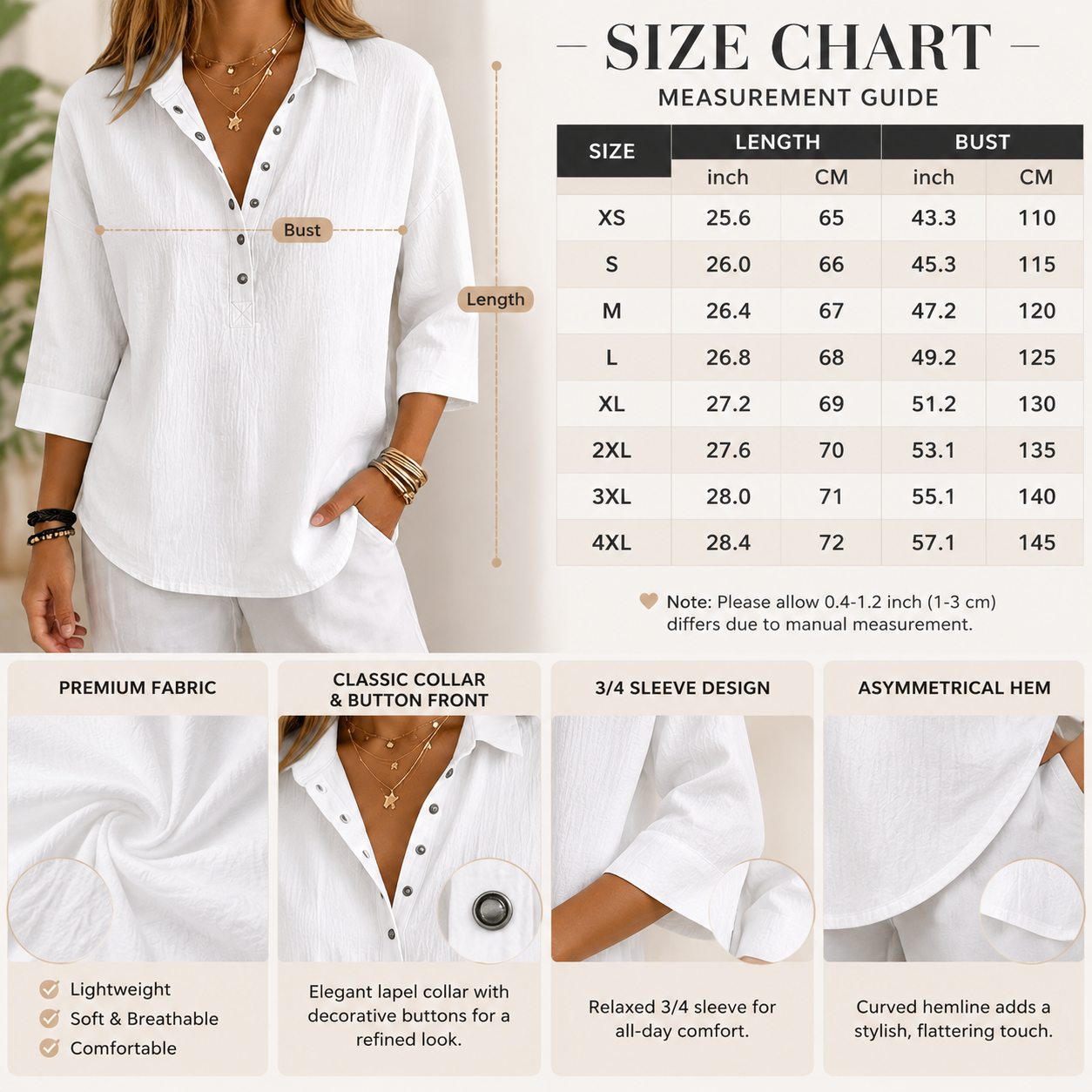 Damen-Henleyshirt aus Leinenmix mit 3/4-Ärmeln