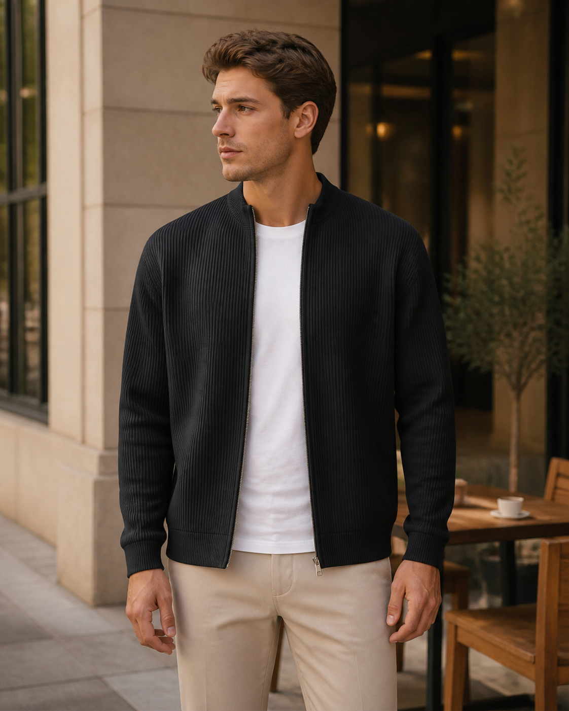 Schwarze Herren-Rippenjacke am Model
