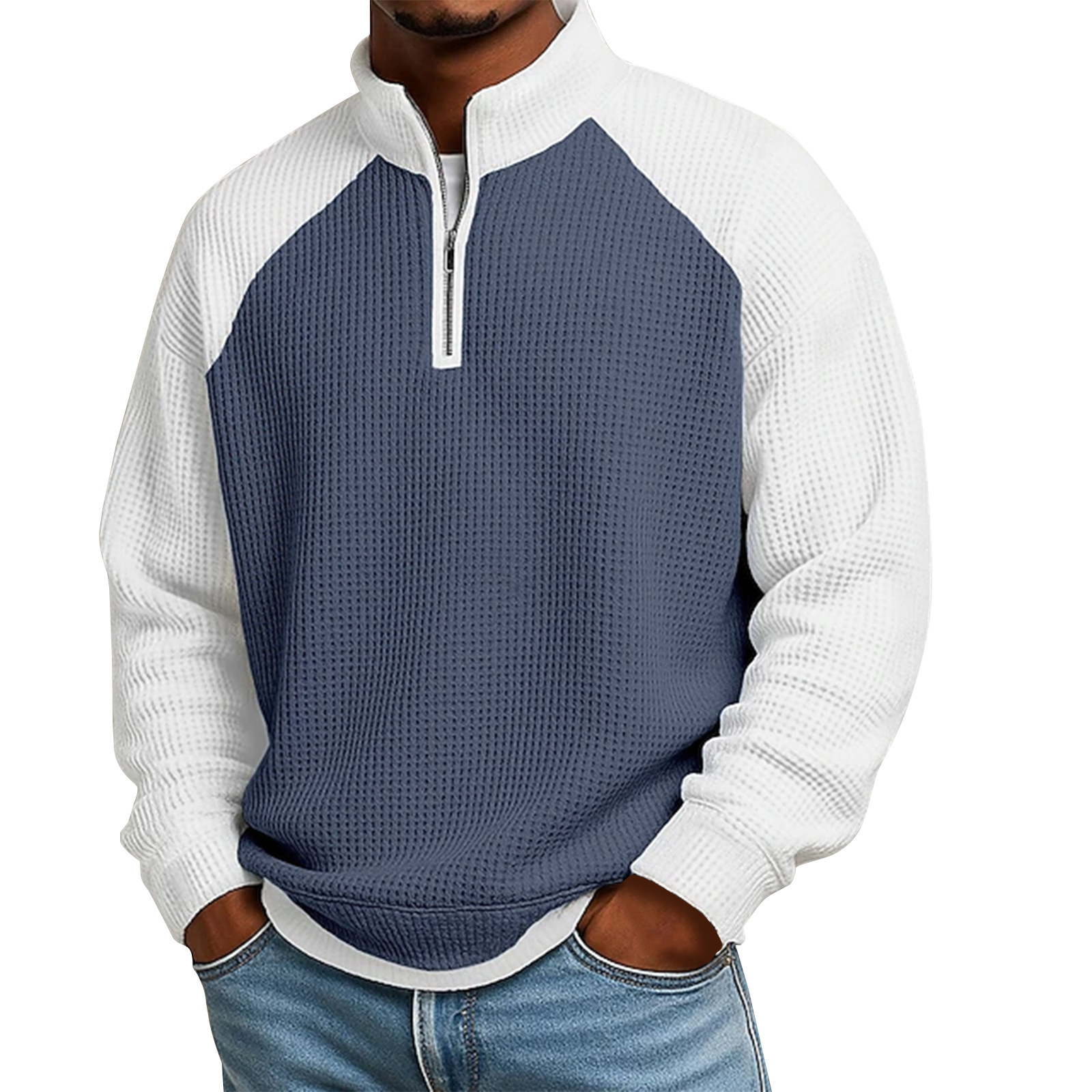 Herren-Waffelstrick-Pullover mit Farbblockdesign und halbem Reißverschluss