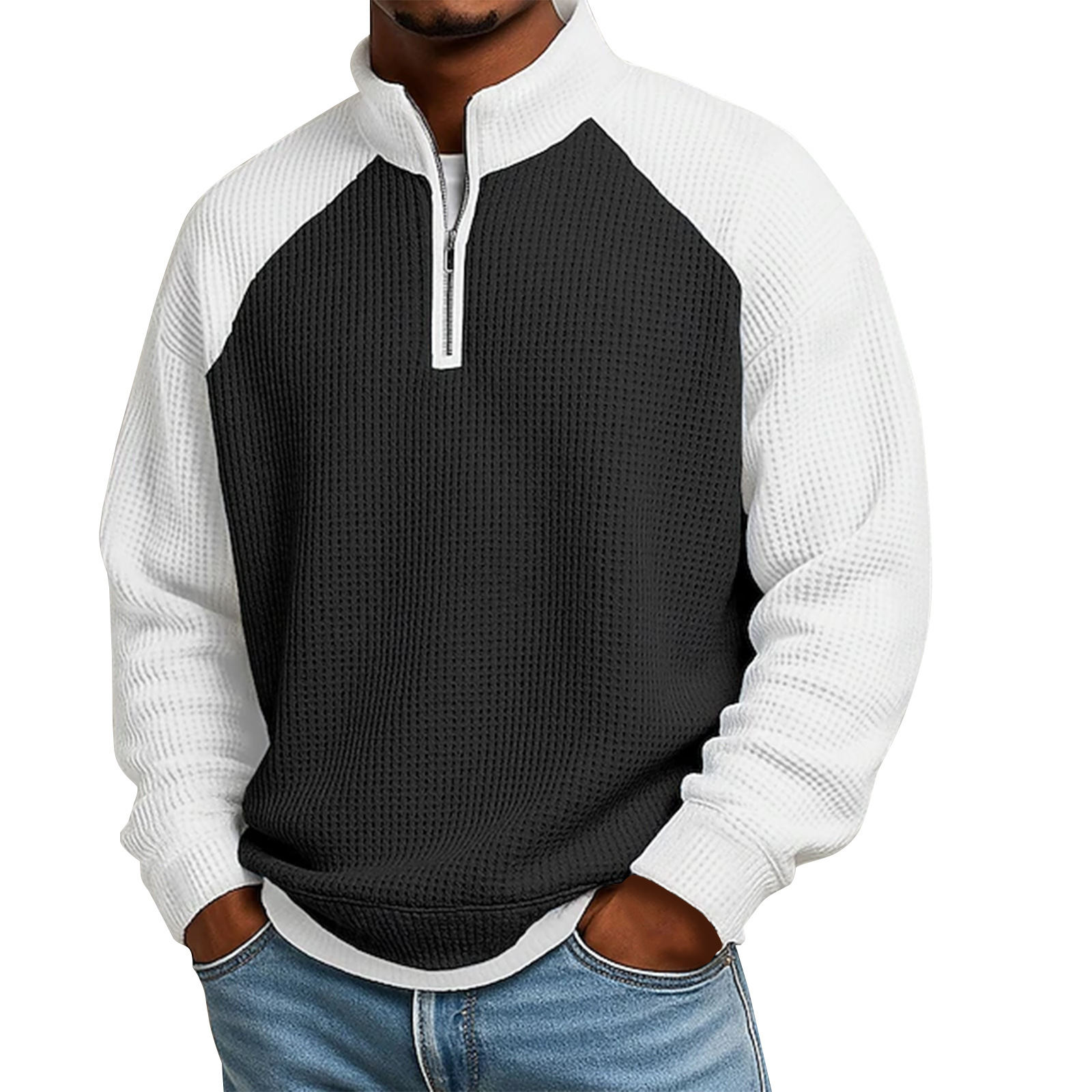Herren-Waffelstrick-Pullover mit Farbblockdesign und halbem Reißverschluss