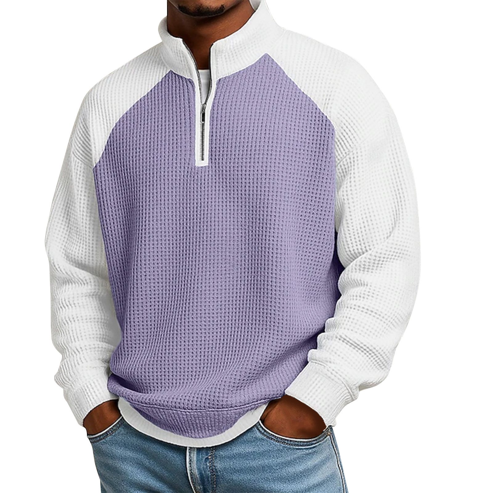 Herren-Waffelstrick-Pullover mit Farbblockdesign und halbem Reißverschluss