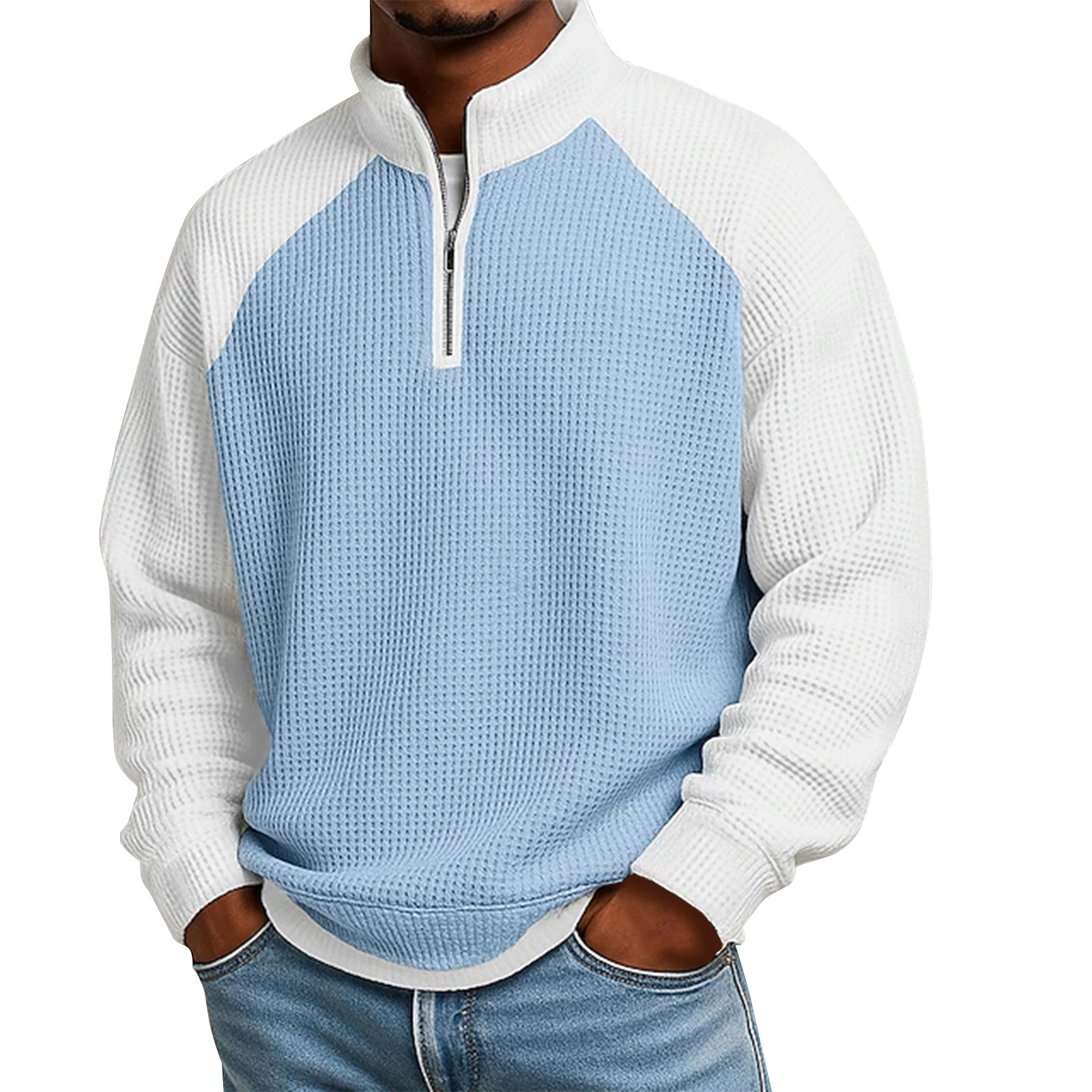 Herren-Waffelstrick-Pullover mit Farbblockdesign und halbem Reißverschluss