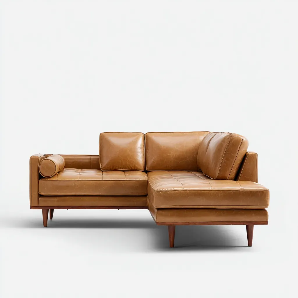 Canapé d'angle - Cuir-Bois - 266x164x81 cm - Marron camel - Style rétro-Macorraspace