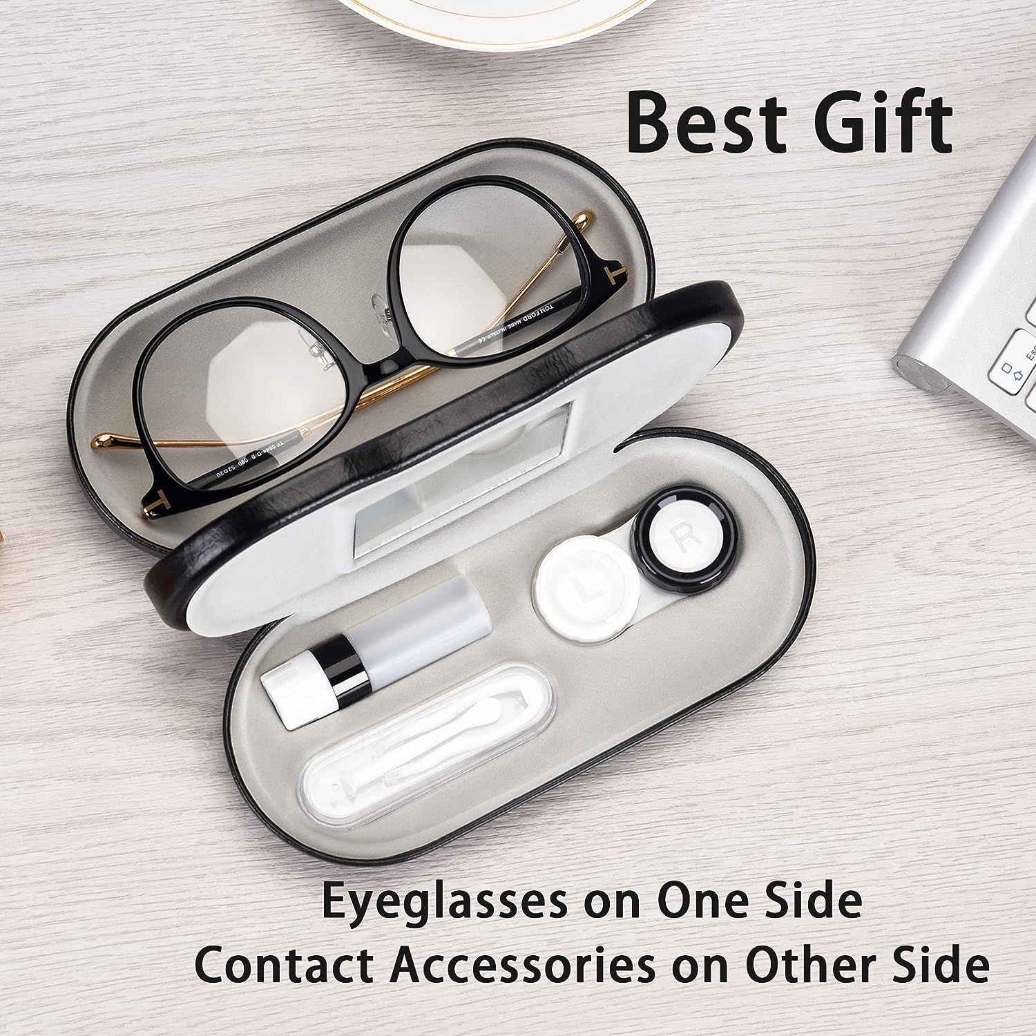 2 in 1 Double Sided Portable Contact Lens Case and Glasses Case with Built-in Mirror