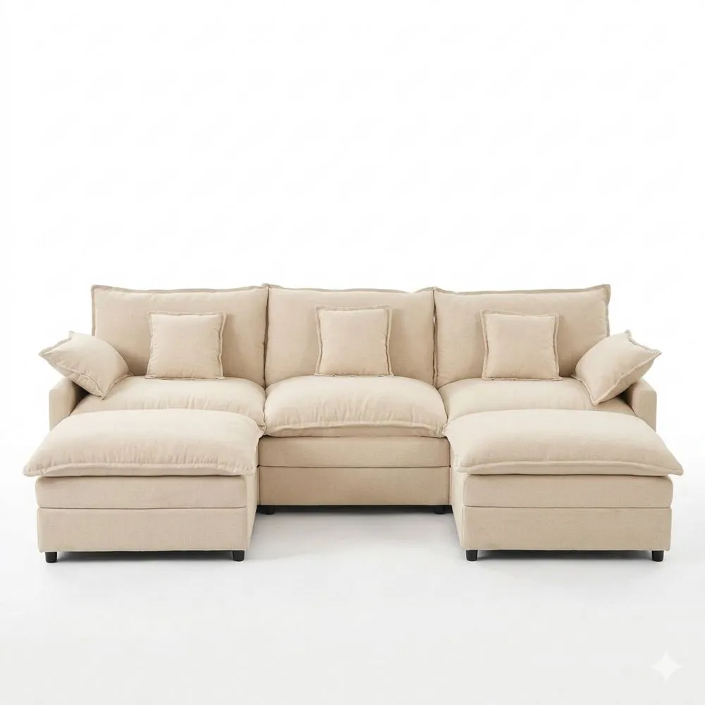Modulares U-förmiges 3-Sitzer Ecksofa mit Hocker, tiefes Sitzdesign, gemütliches Sofa für Wohnzimmer in Beige