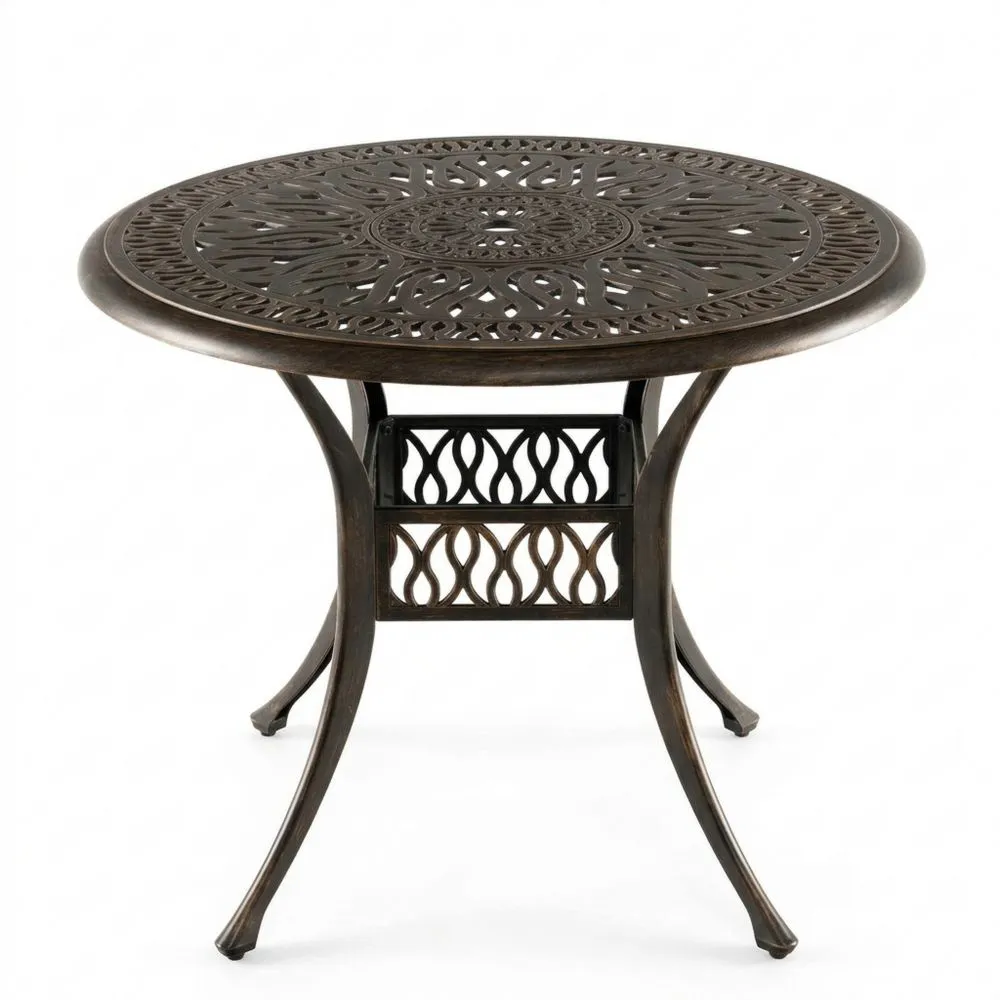 Wetterfester runder Gartentisch mit Schirmloch, Aluminiumguss, antike Optik