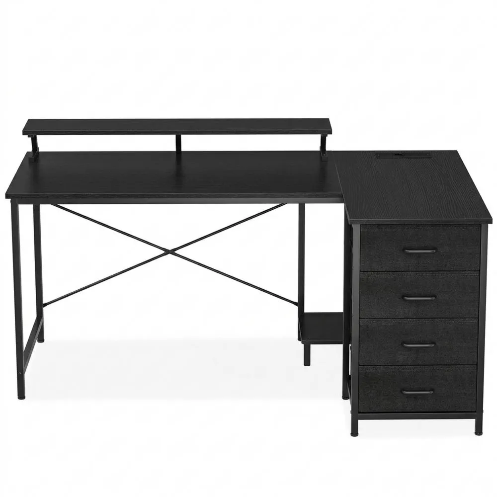 L-förmiger Schreibtisch mit LED, USB-Anschlüssen und Monitorständer, 140x80cm, Schwarz