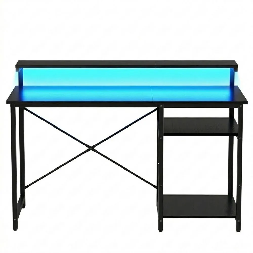 Computertisch mit LED-Beleuchtung und Stauraum, Schreibtisch mit Regalen für Büro und Schlafzimmer, 100 x 48 x 74 cm, robuster Metallrahmen, Schwarz