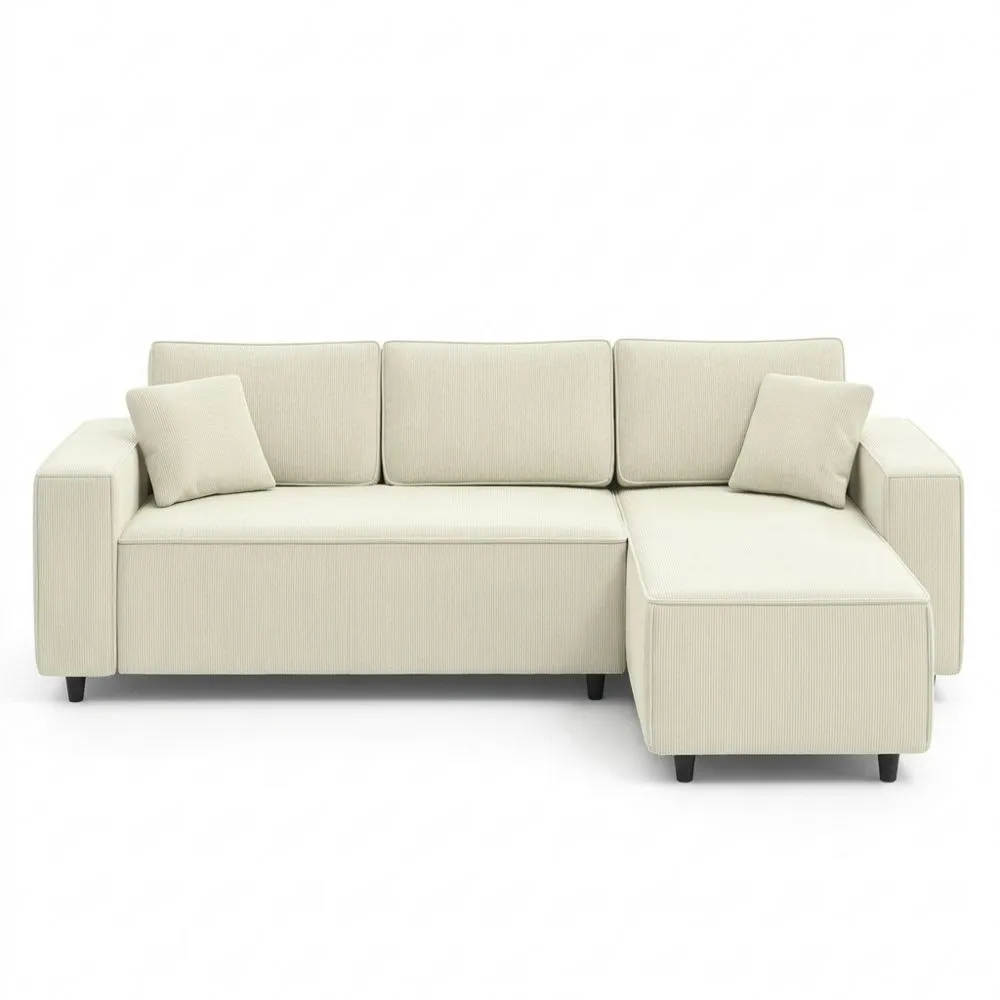 Gemütliche L-Form Eckcouch mit Federpolster und Kissen, umkehrbare Chaiselongue, Cremeweiß