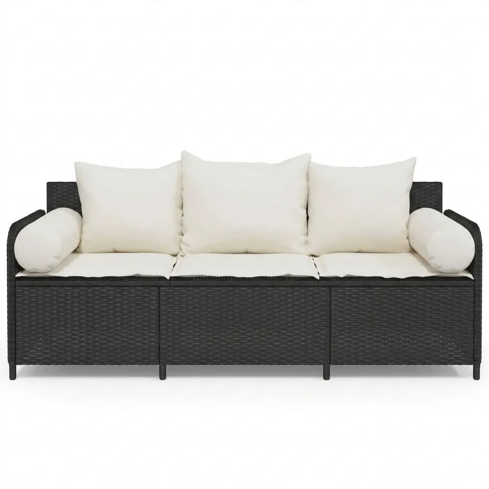 Outdoor 3-Sitzer Gartensofa mit Kissen aus schwarzem Poly Rattan