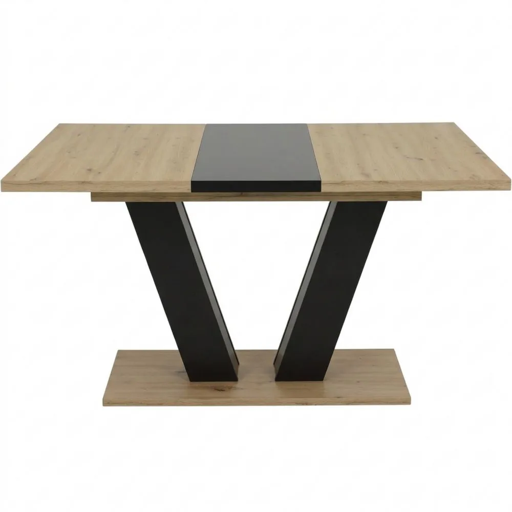 Ausziehbarer Esstisch mit V-förmigem Gestell und Synchronauszug, 140-180 x 90 cm, Dekor in Artisan Eiche und Schwarz