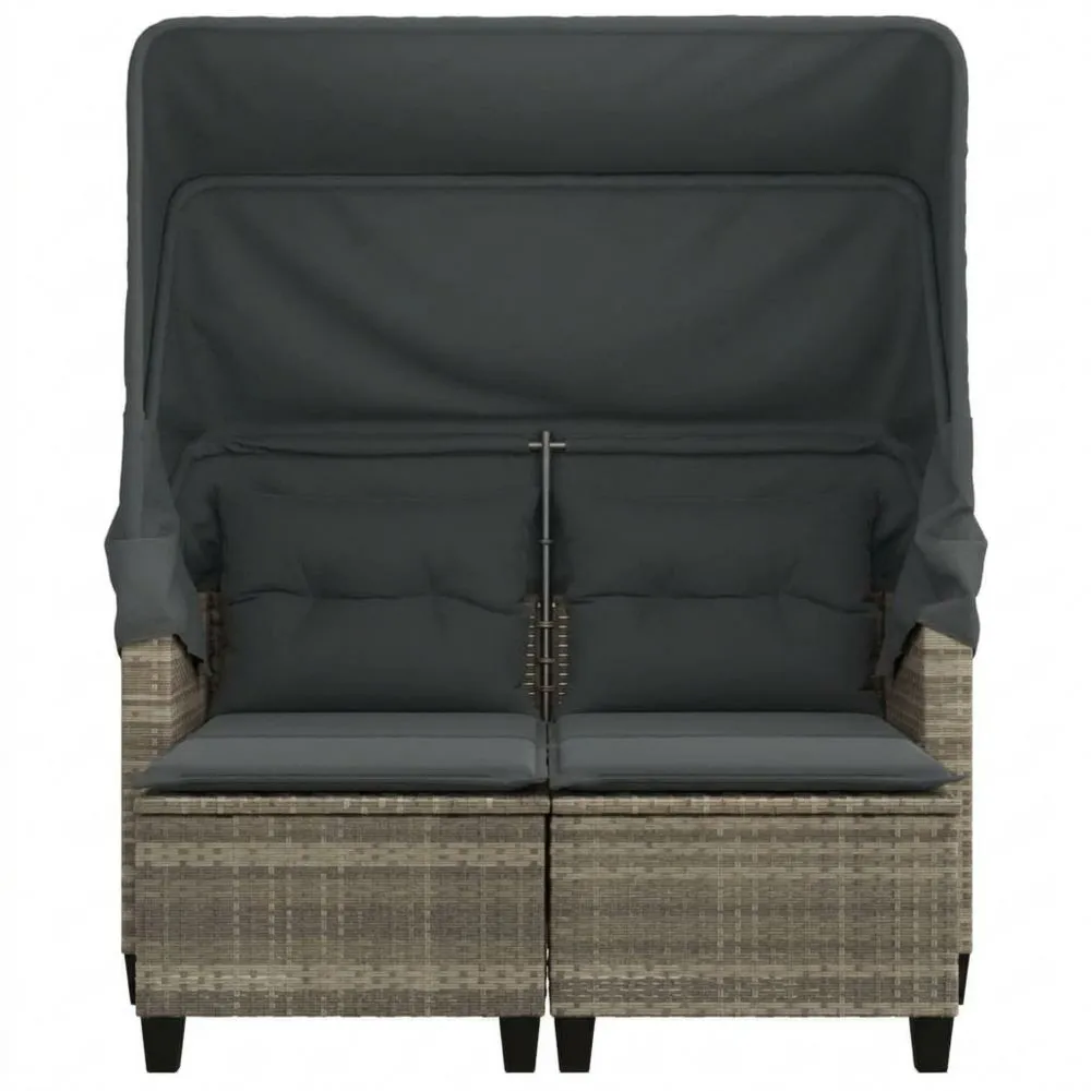 Outdoor Zweisitzer Sofa mit Sonnendach und Hockern, Hellgrau Polyrattan Gartenmöbelset