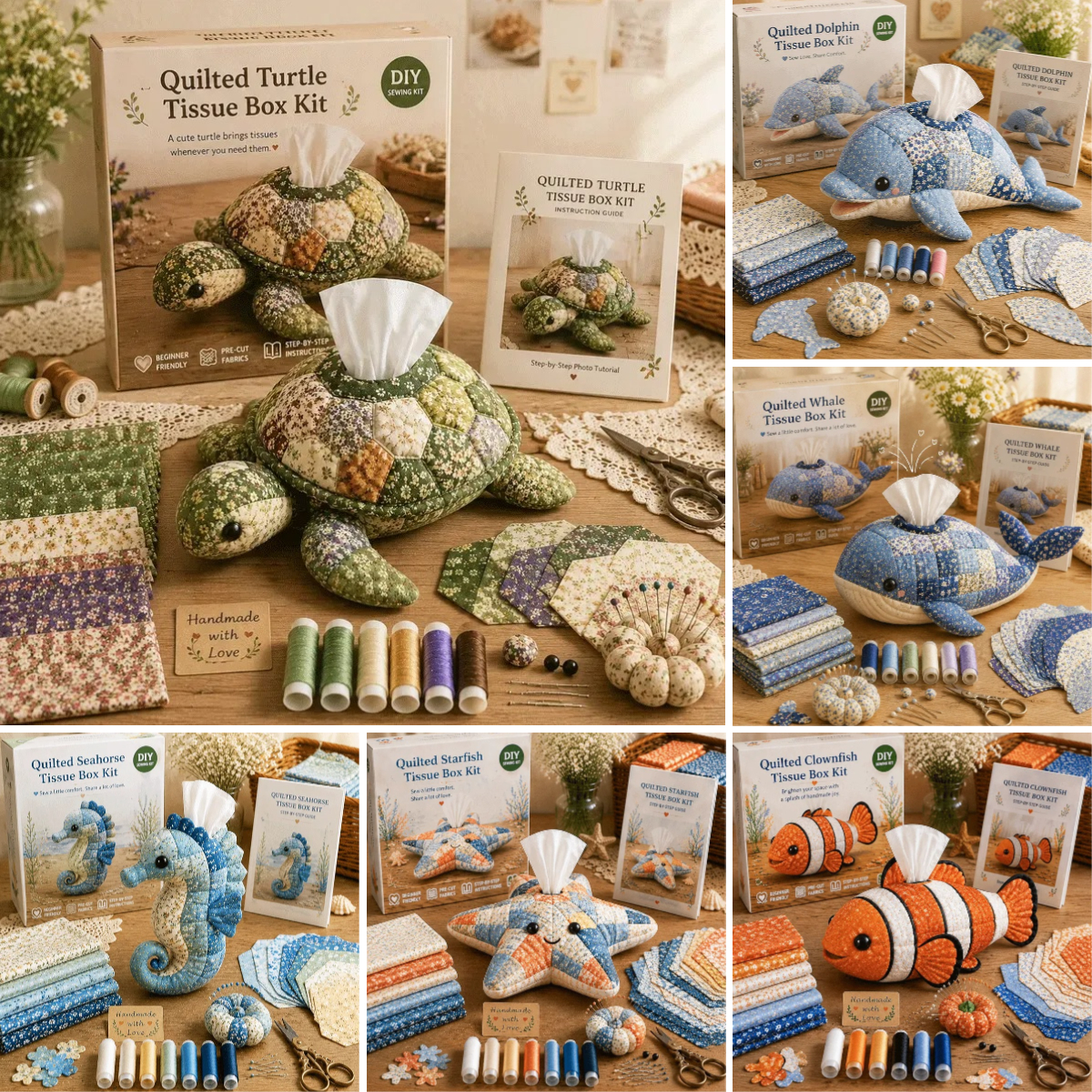🧵 Quilted sea Animal Tissue Box DIY Kit💖