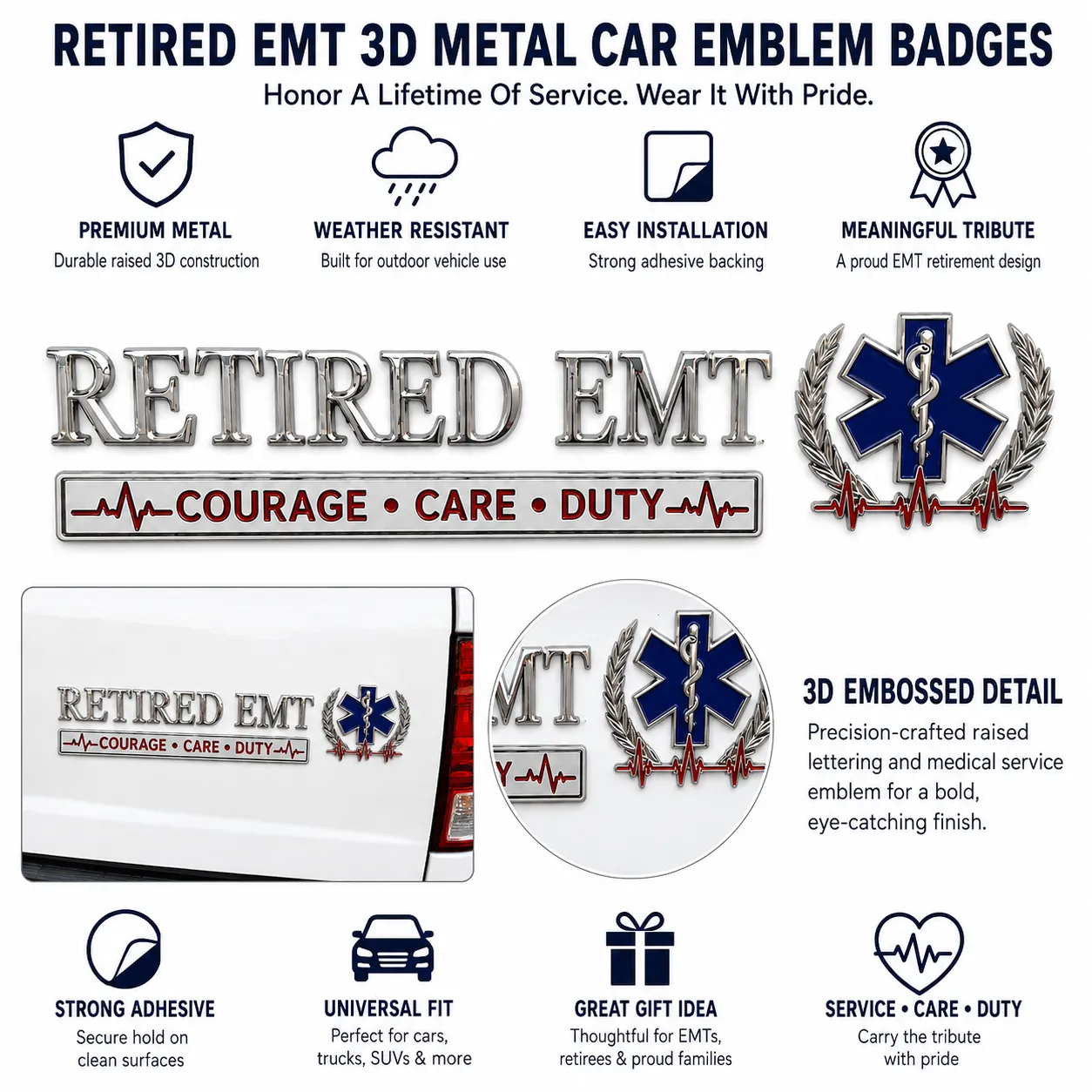 🚑 Retired EMT Courage Care Duty Car Emblem Metal Badge